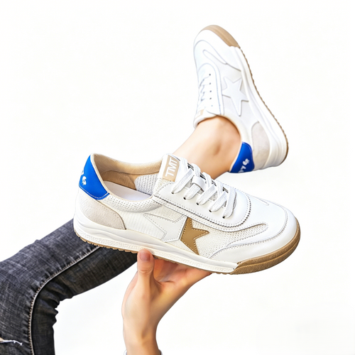 Low-cut, breathable mesh white sneakers, retro star-patterned flat casual athletic shoes