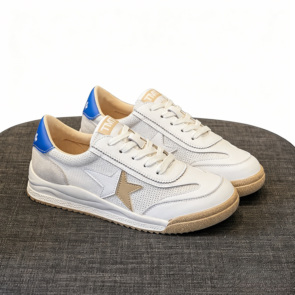 Low-cut, breathable mesh white sneakers, retro star-patterned flat casual athletic shoes