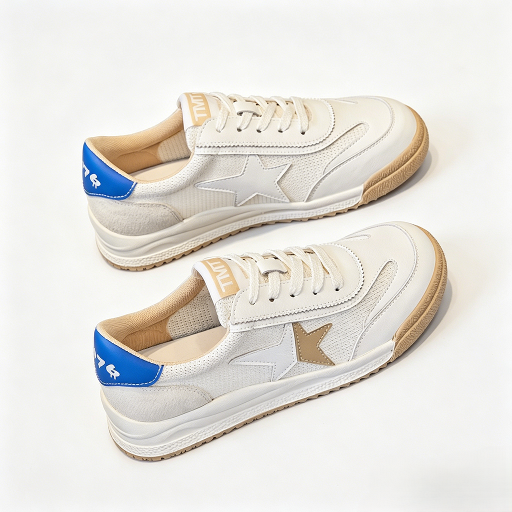 Low-cut, breathable mesh white sneakers, retro star-patterned flat casual athletic shoes
